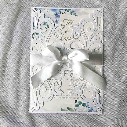 25PCS Pearl White Laser Cut Wedding Invitations Cards with Envelopes,Blank Inner Sheets,Ribbons for Wedding Bridal Shower Quinceañera Engagement Birthday Invites (B001)
