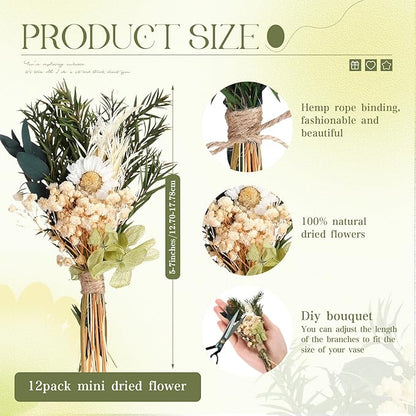 Layhit 12 Pack Boho Dried Flower Bouquet Mini Wedding Handmade Dry Flowers Decor for Vase Crafts DIY Photo Boutonniere for Men Floral Plant for Bridesmaid Gift Birthday Decor