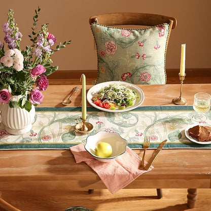 patdrea Designer Green Floral Extra Long Table Runner,French Elegant Vibrant Rustic Linen with Green Leaves Patterns Fabric Table Mat,Decoration for Kitchen Dining Room Banquet Christmas,12"*118"