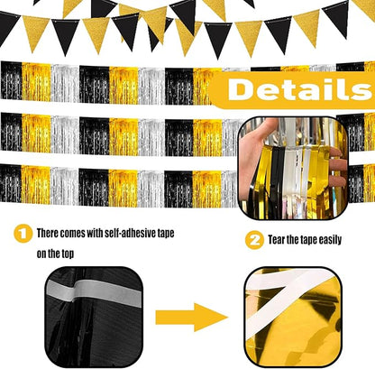 6 Pack 10 Feet Black Gold Silver Foil Fringe Garland Metallic Tinsel Streamers Banner Wall Hanging Backdrop Banner for Parade Floats, Thanksgiving, Christmas, Birthday, Halloween Party Decorations