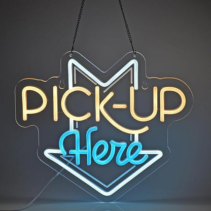 PICK-UP Here Neon Sign, Neon Lights Hanging Wall Art Decoration for Restaturant Shop Bar Market Bakeries Café Celebration Home Decor, USB Powered Ultra Bright Dimmable,14.57×12.6inches