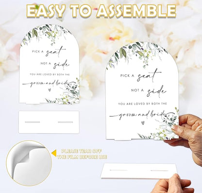 Greenery Pick a Seat Not a Side Sign, 6 x 8 Inch White Arch Acrylic Wedding Sign with Holder, Wedding Sign for Ceremony and Reception, Wedding Decoration, Wedding Supplies - LY18