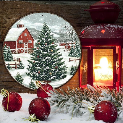 Round Christmas Trees Barn Metal Tin Sign Christmas Vintage Tin Sign for Kitchen Cafe Bar Farmhouse Home Wall Decor Art Winter Decoration 12 * 12 in