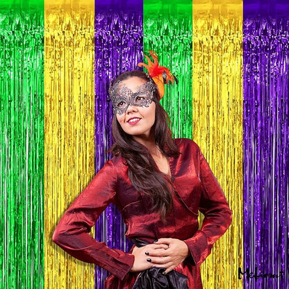 4 Pack 3.2Ft x 6.6Ft Mardi Gras Fringe Curtain Backdrop, Gold Green Purple Metallic Tinsel Foil Fringe Streamers Curtains Background for Photo Booth Birthday Wedding Carnival Party Decorations
