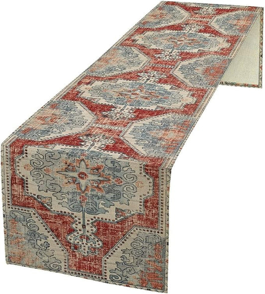 Boho Floral Vintage Table Runner, Retro Blue Red Flower Rustic Country Farmhouse Abstract Pattern for Home Kitchen Table Decor Dining Coffee Room Party Decor 13x120in