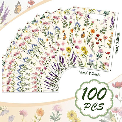 100 Pcs Wildfloral Gift Bags Vintage Wildflower Party Favor Bag with Handle Wildfloral Plastic Goodie Candy Treat Gift Wrapping for Summer Baby Shower Birthday Wedding Party Supplies (White)