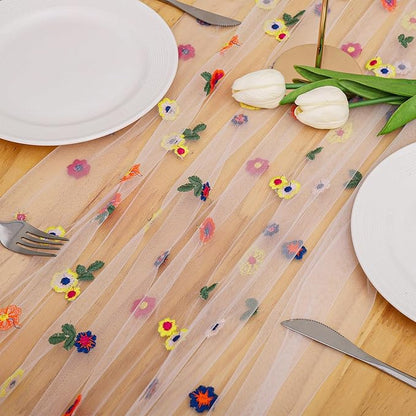 BINBE 6pcs Ivory Daisy Fall Table Runner Embroidery Gauze 10FT Florals Seasonal Tulle Holiday Birthday Kitchen Dining Table Decor for Home Party