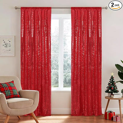 SquarePie Sequin Backdrop Curtain Non-Transparent Sparkly Background for Christmas Wedding Party 2FT x 8FT Red 2 Panel