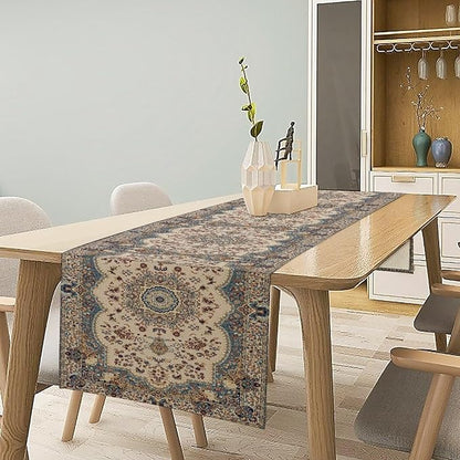 Boho Bohemia Style Table Runner, Vintage Blue Teal Gold Retro Flower Rustic Country Style Floral Print Pattern for Home Kitchen Table Decor Dining Coffee Room Garden Party Decor 13x36in