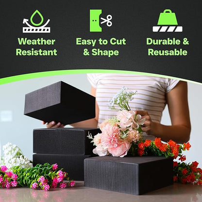 XCEL Floral Foam Blocks - Reusable, Weather Resistant Foam - Perfect for Fresh & Artificial Flower Arrangements, Crafts, Planter Boxes, Home Decor & More - 4-Pk, Black (7” x 7” x 3”)