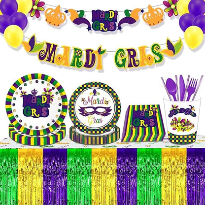 4 Pack 29x108 Inch Mardi Gras Metallic Foil Fringe Tinsel Table Skirts for Rectangle Tables Streamer for Christmas, Birthday, Parade Floats, Halloween Party Supplies(Gold Green Purple)