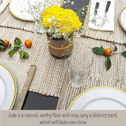 Chardin home Natural Jute Table Runner 13x72 Inch – Vintage Boho Rustic Table Decor – Handwoven Table Runner in Natural Jute and Ivory – Farmhouse Dining or Console Table Accent