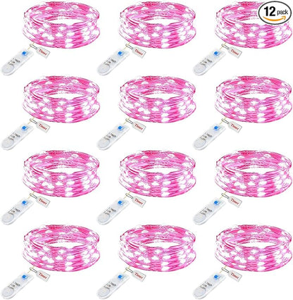 Minetom 12 Pack Pink Fairy Lights Battery Operated String Light with Timer - 7ft 20 LED Waterproof Silver Wire Firefly Light for DIY Crafts Wedding Table Centerpieces, Pink