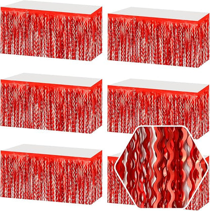 6 Pack 29 x108 Inch Red Wave Foil Fringe Table Skirts Metallic Banner for Tinsel Streamer Garland Backdrop for Parade Floats, Mother's Day, Easter, Wedding, Birthday Party Decoration
