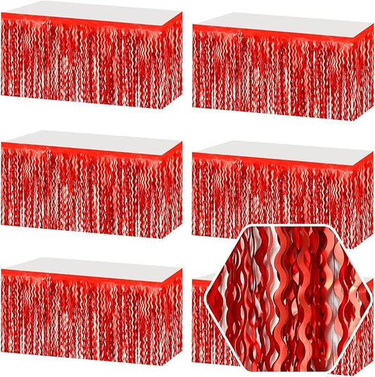 6 Pack 29 x108 Inch Red Wave Foil Fringe Table Skirts Metallic Banner for Tinsel Streamer Garland Backdrop for Parade Floats, Mother's Day, Easter, Wedding, Birthday Party Decoration