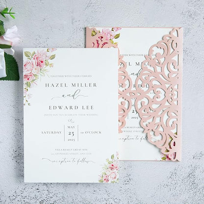 20Pcs Blush Pink Laser Cut Invitation Cards With Blank Inner Sheets for Wedding Cards Bridal Shower Engagement Quinceanera Invitation (No Envelopes)