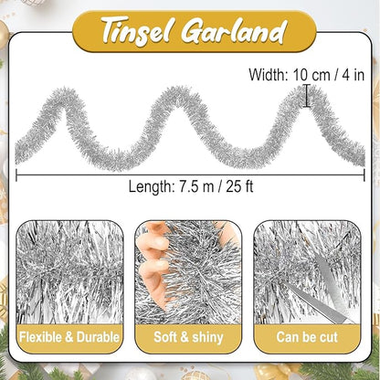 25 Feet Silver Christmas Tinsel Garland, Metallic Foil Twist Banner Wall Hanging Tinsel Streamers Backdrop for Parade Floats, Christmas, Mother's Day, Birthday Party Decorations(4in x 25ft)