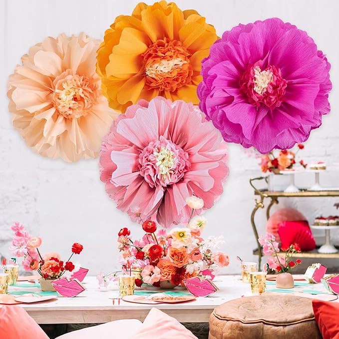 SUNBEAUTY 4 PCS 20" Hot Pink Orange Fall Birthday Party Decorations Giant Paper Flowers Large Crepe Tissue Pompoms Sunset Autumn Women Girls DIY for Wedding Backdrop Bridal Baby Shower Thanksgiving