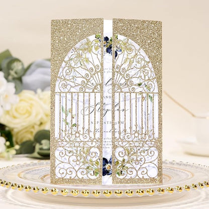25Pcs Light Gold Glitter Laser Cut Wedding Invitation Kits with Envelopes and RSVP Cards Personalized Invitations for Sweet 16 Baby Bridal Shower Engagement Quinceanera Invite