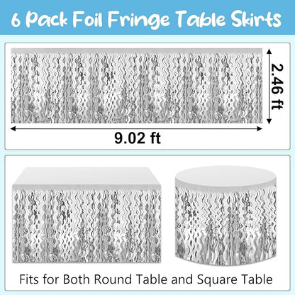 6 Pack 29 x108 Inch Silver Wave Foil Fringe Table Skirts Metallic Banner for Tinsel Streamer Garland Backdrop for Parade Floats, Mother's Day, Easter, Wedding, Birthday Party Decoration