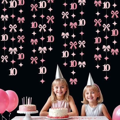 Glitter Pink 10th Bow Birthday Decorations Hot Pink Conquette Bow Garland Streamer Banner Backdrop for Girls Happy 10th Birthday Double Digits I'm 10 Cheers to 10 Years Old Anniversary Party Supplies