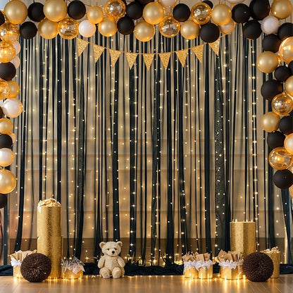 10x10ft Black Chiffon Backdrop Curtain with Lights for Wedding Birthday Parties, Wrinkle Free Backdrop Curtains with Lights for Halloween Baby Shower Gender Reveal Photo Shoot (5 x 10ft,2 Panels)