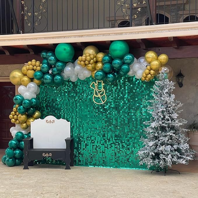 Qcity Emerald Green Shimmer Wall Backdrop 24PCS, Black Back Not See-Through Design, Square Sequin Glitter Backdrop Panel, Perfect for Outdoor Events, Birthdays, Wedding and Party Decoration
