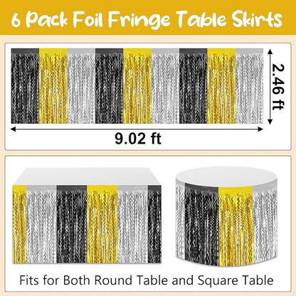 6 Pack 29 x108 Inch Black Gold Silver Wave Foil Fringe Table Skirts Metallic Banner for Tinsel Streamer Garland Backdrop for Parade Floats, Mother's Day, Easter, Wedding, Birthday Party Decoration