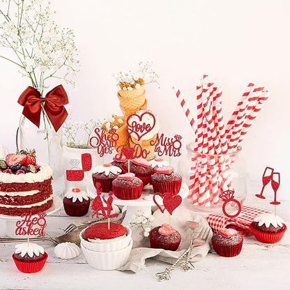 30 PCS He Asked She Said Yes Cupcake Toppers Glitter Engagement Cupcake Toppers Miss to Mrs I Do Love Heart Ring Miss to Mrs Cupcake Picks for Wedding Engagement Party Cake Decorations Supplies Red