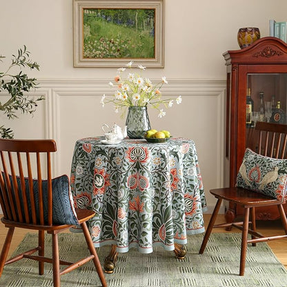 ISAENNE Designer Bohemian Linen Green Round Tablecloth,Floral Indoor Table Cloth,Stain Resistant Decor Tablecloths for Dining Thanksgiving Kitchen Party Christmas,Diameter 67"-Naples