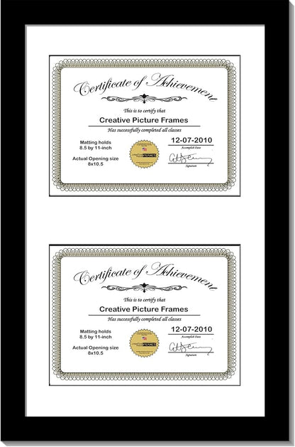 Creative Picture Frames 14X20Bk-W Black Vertical Double Diploma Frame With 2 Opening White Mat, Holds 2-8.5X11-Inch Documents With Wall Hanger