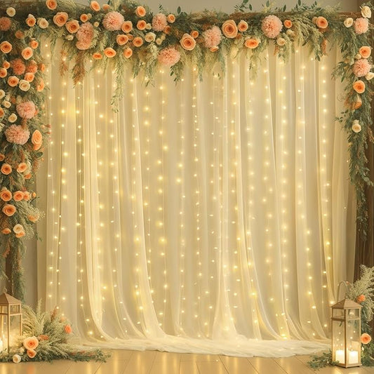 20x8ft Champagne Tulle Backdrop Curtains with Lights for Party Wedding Baby Shower, Sheer Drape Backdrop Curtains for Birthday Party Photo Booth Background Decoration
