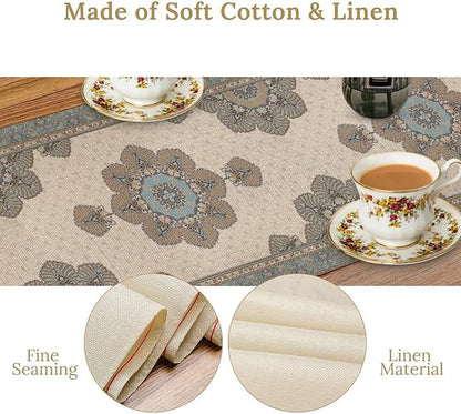 Boho Bohemia Style Table Runner, Vintage Teal Brown Retro Flower Rustic Country Style Floral Print Pattern for Home Kitchen Table Decor Dining Coffee Room Garden Party Decor 13x90in