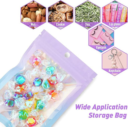 Funfery 100 Pack Gradient Holographic Bags,Mylar Resealable Bag with Zipper,Clear Window Packaging Pouch,Smell Proof Bags for Food Storage,Sample Jewelry Baggies(5.5x7.9In,Purple Blue)