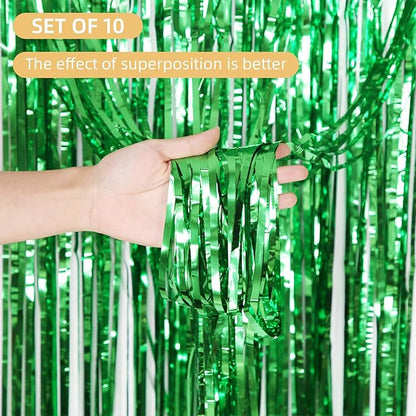 10 Pack Green Backdrop Curtain 3.2ft x 8.2ft Metallic Tinsel Foil Fringe Curtains Photo Booth Background for Birthday Party Decoration Baby Shower Engagement Wedding Christmas Decoration (Green)