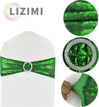 10 Pcs Chair Sashes Sequin Stretch Chair Bands Spandex Polyester Bows for Party Hotel Wedding Banquets Decoration - Green