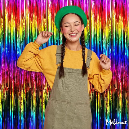4 Pack Rainbow Fringe Curtain Backdrop, 3.2Ft x 6.6Ft Colorful Metallic Tinsel Foil Fringe Streamers for Photo Booth Birthday Wedding Baby Shower Carnival Easter Mother’s Day Party Decorations