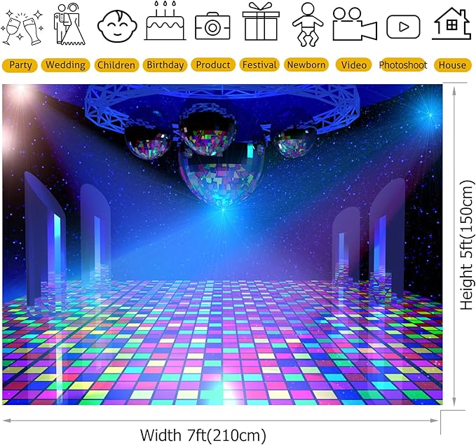 Disco Backdrop 10x8FT 70s 80s 90s Party Lights Stage Background Banner Decorations Photo Shoot Props