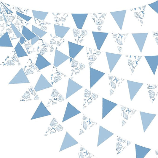 32Ft Ocean Coastal Nautical Beach Party Decorations Blue Bow Starfish Seashell Fabric Pennant Banner Triangle Flag Garland Streamer for Under The Sea Birthday Summer Baby Shower Bachelorette Supplies