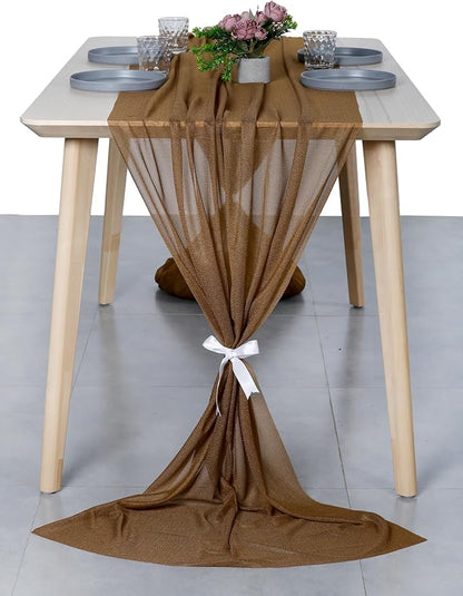 MDS 20 Pack 10ft Chiffon Table Runner 29 x 120 Inches Sheer Wedding Runner Romantic Rustic Table Runner for Wedding Decorations, Birthday Parties, Bridal Shower Party Arch Decor - Mocha