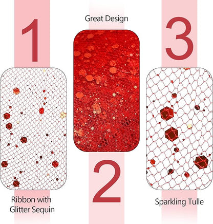 Glitter Tulle Rolls, 6” by 50 Yards (150FT) Sparkling Tulle Spool Ribbon Sequin Tulle Netting Fabric for Tutu Skirt Wedding Birthday Baby Shower (Red)