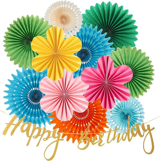Colorful Birthday Party Decoration Paper Flower Hanging Decoration for Wall Happy Birthday Banner Paper Fans Deco for Tropical Hawaii Luna Birthday Party