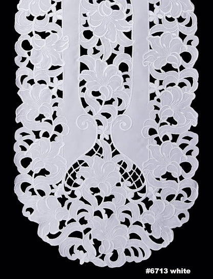 Creative Linens Embroidered Floral Table Runner 15x70 Oval Dresser Scarf White