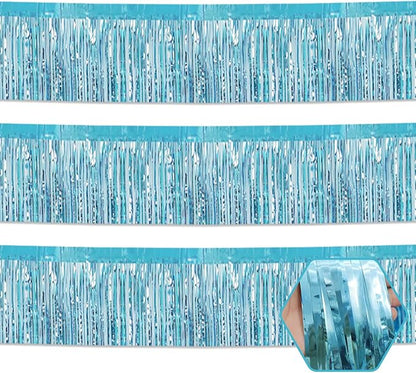 3 Pack 10 Feet Light Blue Metallic Foil Fringe Garland Wall Hanging Tassle Banner, Mother's Day, Easter, Parade Floats, Birthday, Theme Party, Wedding Party Decorations
