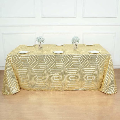 Efavormart 90"X132" Gold Sparkly Sequin Geometric Tulle Rectangular Tablecloth