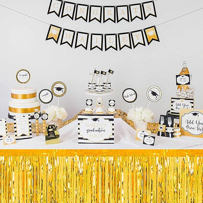 3 Pack 29 x108 Inch Gold Foil Fringe Table Skirts Metallic Banner for Tinsel Streamer Garland Backdrop for Parade Floats Mother's Day, Graduate, Birthday, Wedding Party Decoration