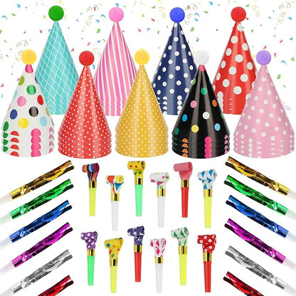 116 PCS Birthday Party Cone Hats Assorted Colors Cone Paper Hat with Colorful Blowers and Metallic Fringed Noise Makers Blowouts for Kids Adults Birthday Baby Shower Party Supplies