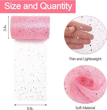 Glitter Tulle Rolls, 6” by 50 Yards (150FT) Sparkling Tulle Spool Ribbon Sequin Tulle Netting Fabric for Tutu Skirt Wedding Birthday Baby Shower (Pink)