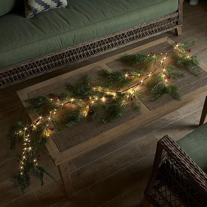 Birchlitland Christmas Garland with Lights Cadar Lighted Garland Battery Operated with Timer or USB Light 6FT 80 LED Fairy Lights, Faux Vine with Lights for Mantel Fireplace and Holiday Decor