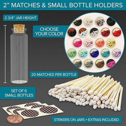 2" Matches in 6 Glass Bottles Cork Top, Striker Stickers Included | 120 Matchsticks Color of Your Choice | Decorative Safety Matches w/Small Glass Holder | Gifts & Home Decor by Thankful Greetings
